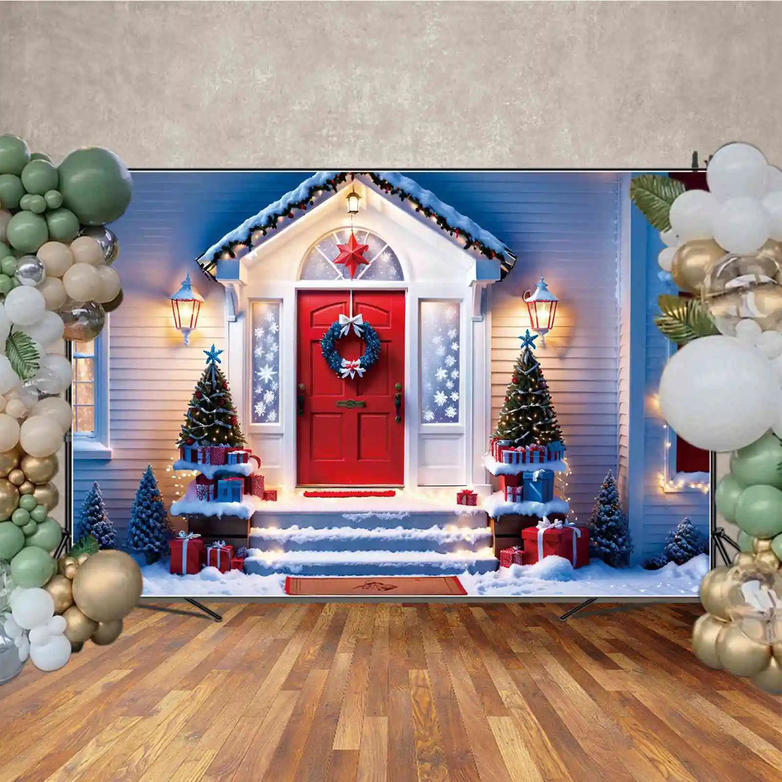 MESIAC.QG Kulisu Vianočných Červená Predné Dvere Verandu Snowflake Pozadí Bowknot Veniec String Svetlo Strom Ornament Fotografie Rekvizity