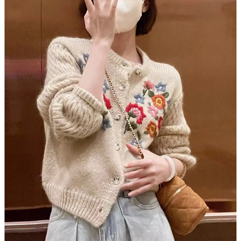 MEXZT Kvetinové Výšivky Pletený Sveter Ženy Vintage Ostrihané Sveter Kabát Harajuku kórejský Voľné Knitwear O Krk Bežné Vrtáky