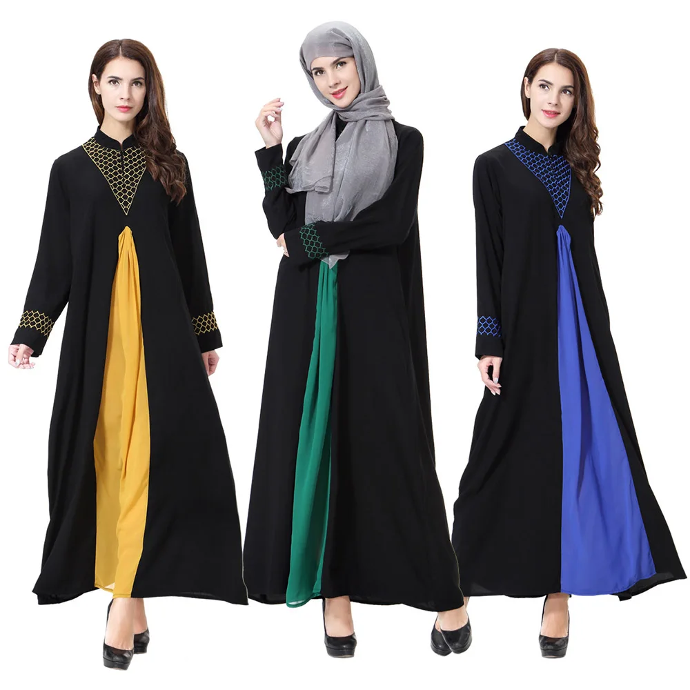 Moslimské Arabskom Blízkom Východe Ženy je Plný Sukne S Stand-up Golier Elegantné Patchwork Dlhým Rukávom Župan Lady Moslimských Uctievanie Šaty