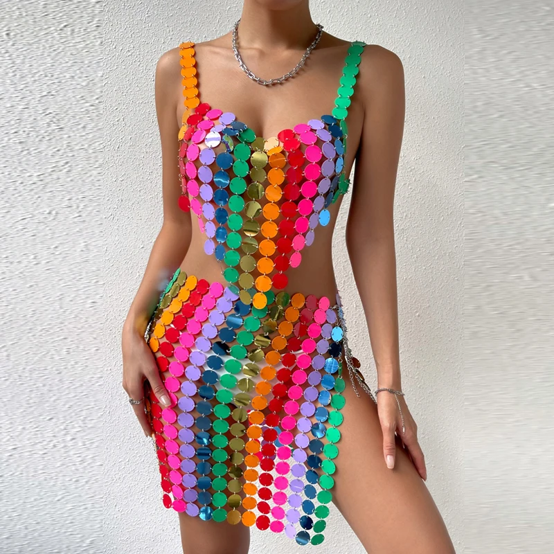 Multi Color Disk Sequin Mini Sukne, Súpravy Ženy Sequin Top Sukne, Obleky, Nočný Klub Beach Oblečenie Lesk Backless Zodpovedajúce Tepláková Súprava