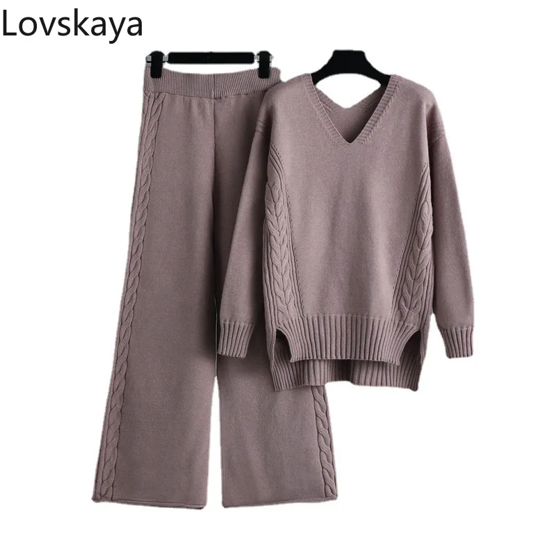 Novej kórejskej verzii voľné hrubé módne a štýlové dvoch-dielny pletené širokú nohu, nohavice, sveter, nastavený pre žien jesenné nosenie