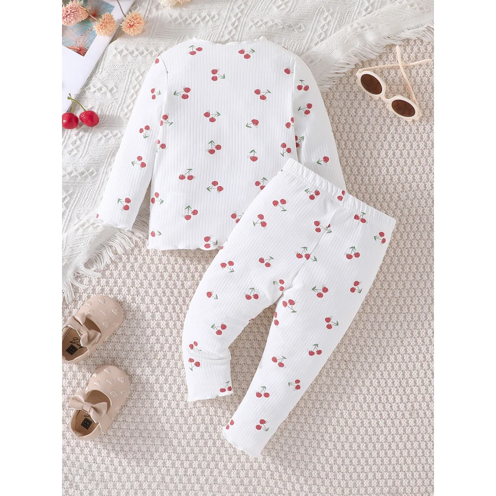 Novorodenca Dievčatá 3-24 Mesiacov Módne Pyžamo Dlhý Rukáv Rozstrapatené Pyžamo Cherry Tlač vyhovovali Batole Detské Oblečenie