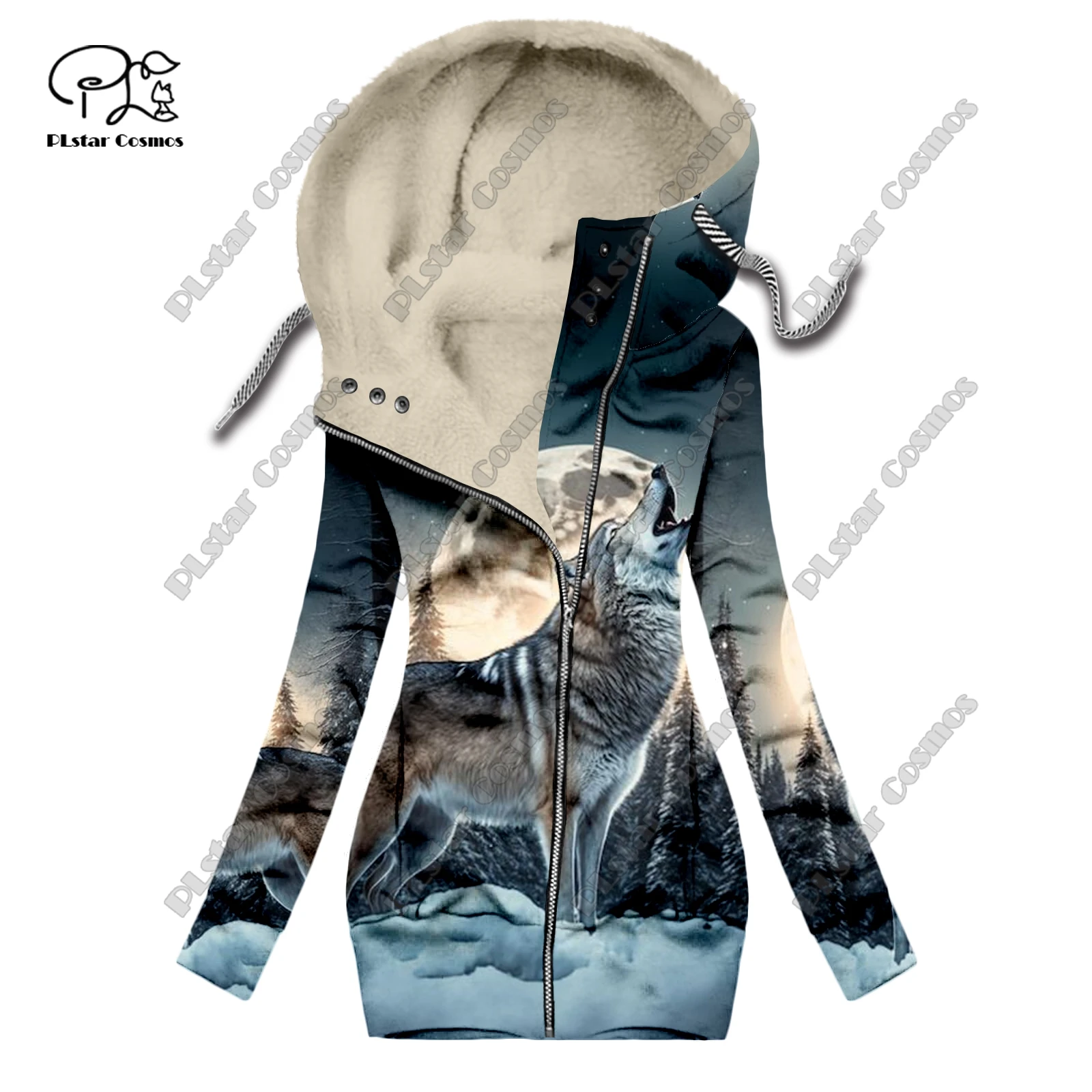 Nové 3D vytlačené zvierat série vlk vzor velvet teplé dámske dlhý zips, s kapucňou, bunda dochádzanie bežné zimné L-1