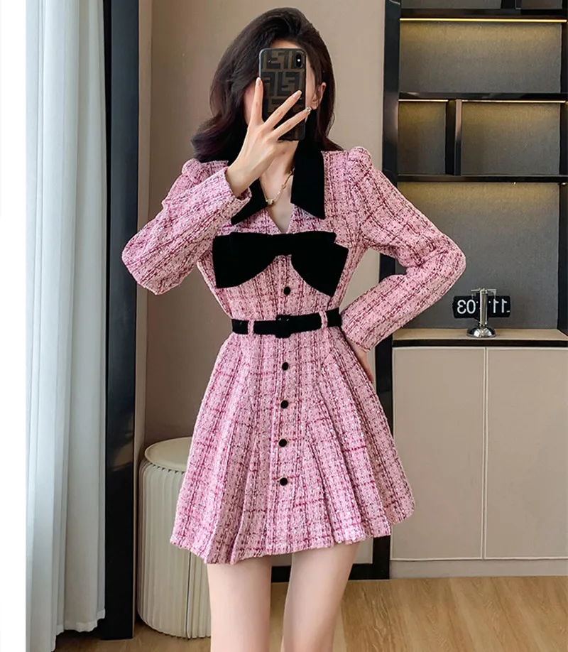Nové Žien Tweed Skladaný Mini Šaty Zimné Zahustiť Teplé Dlhý Rukáv kórejský Štýl Luk Módne Ružová Office Lady Vintage Šaty