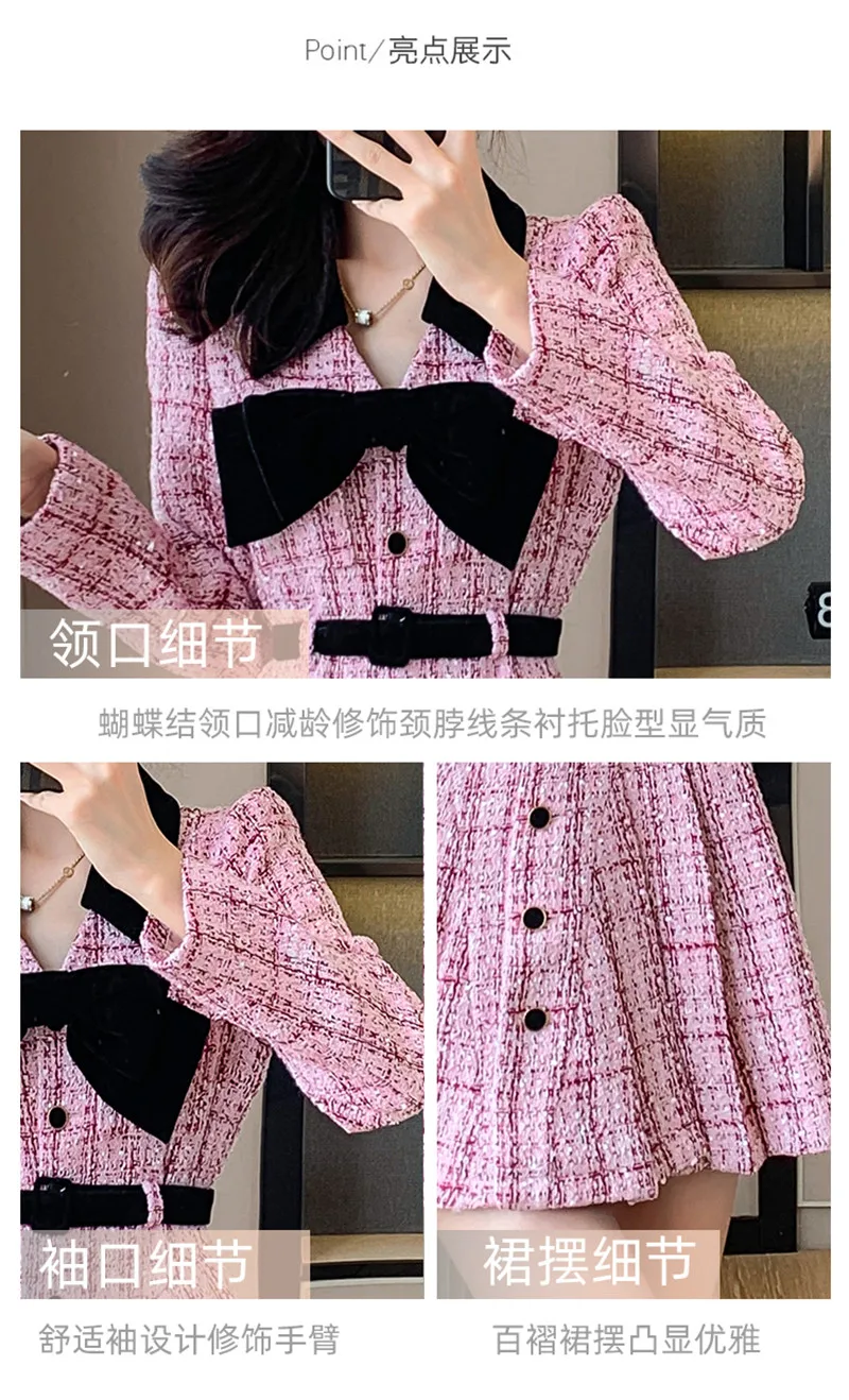 Nové Žien Tweed Skladaný Mini Šaty Zimné Zahustiť Teplé Dlhý Rukáv kórejský Štýl Luk Módne Ružová Office Lady Vintage Šaty
