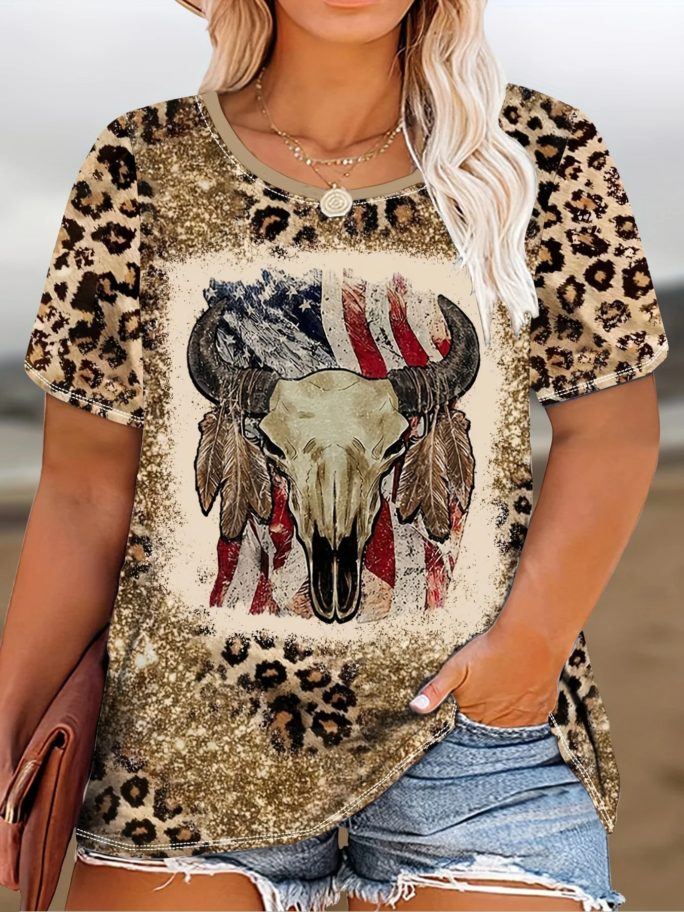 Plus Veľkosť Bežné T-tričko, dámske Plus Colorblock Leopard & Cross & List Tlač Krátky Rukáv Okrúhlym Výstrihom, Mierne Strečové tričko