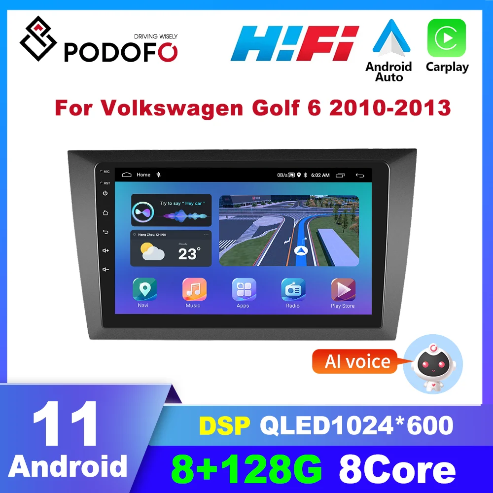 Podofo Android Carplay autorádia Pre Volkswagen Golf 6 2010-2013 2din Multimediálny Prehrávač Videa Autoradio s GPS Navigácie DSP 4G