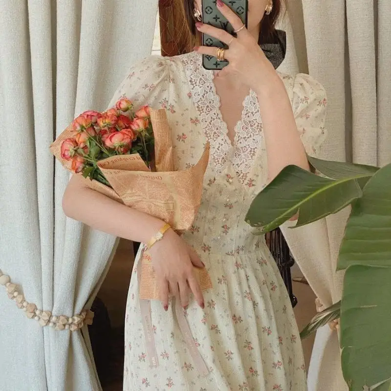 Príležitostné Šaty Vintage Kvetinové Šaty Žien Elegantnej Čipky Šifón kórejskej Strany Lístkového Rukáv V Krku Midi Jeseň pre 2021