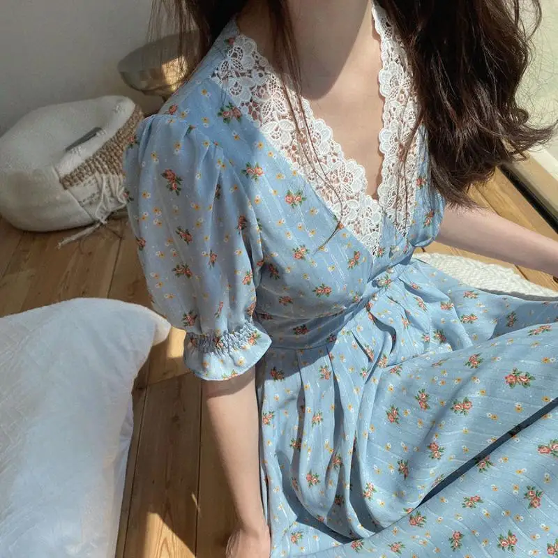 Príležitostné Šaty Vintage Kvetinové Šaty Žien Elegantnej Čipky Šifón kórejskej Strany Lístkového Rukáv V Krku Midi Jeseň pre 2021