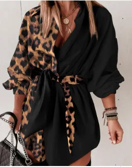 Pulóver Šaty pre Ženy Streetwear 2023 Jeseň Elegantné Tlač Kontrast Panel Leopard Čipky Polovice Rukáv Vysoký Pás Tričko Šaty