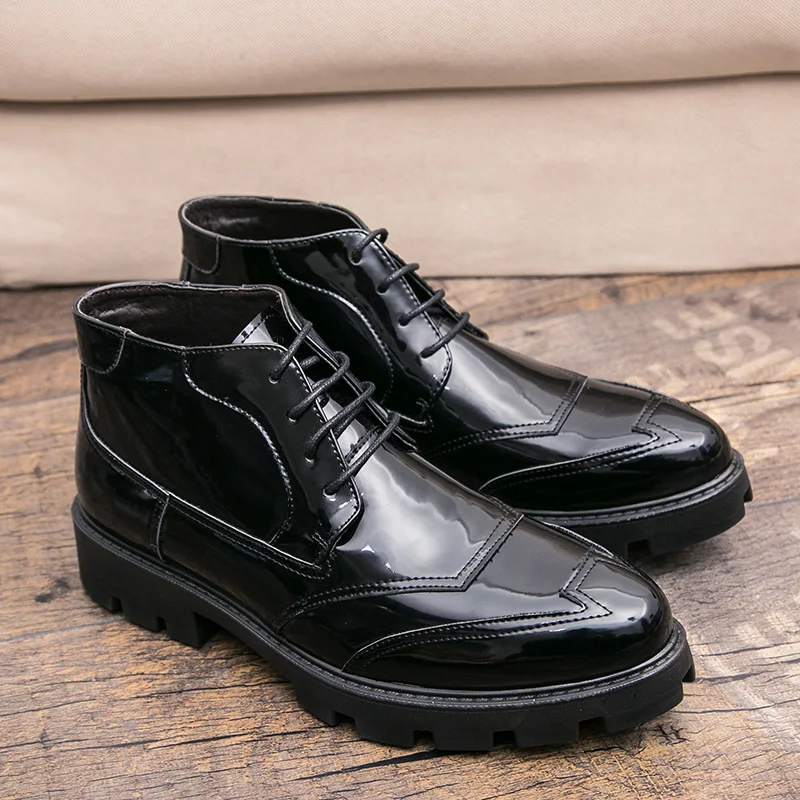 pánske módne party, ples šaty patent kožené topánky značky návrhár obuvi black príliv kovboj boot pekný platformu členok botas