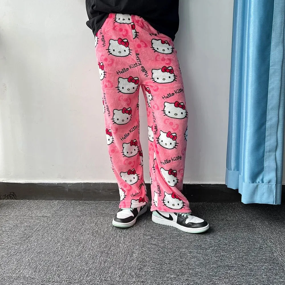 Sanrio Hello Kitty Pyžamo Nohavice Ženy Jeseň v Zime Teplé Vlnené Flanelové Roztomilý kreslený Nastaviť Bežné Domáce Nohavice Pár Oblečenie