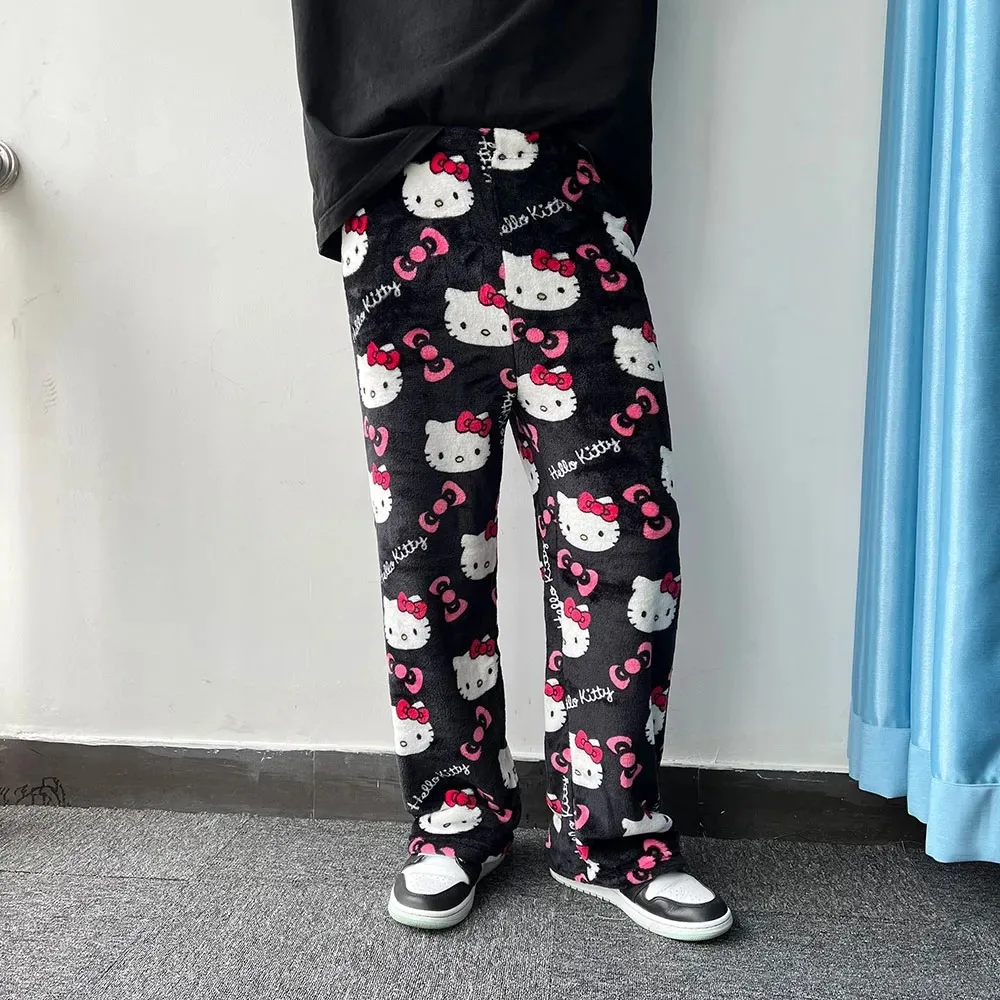 Sanrio Hello Kitty Pyžamo Nohavice Ženy Jeseň v Zime Teplé Vlnené Flanelové Roztomilý kreslený Nastaviť Bežné Domáce Nohavice Pár Oblečenie