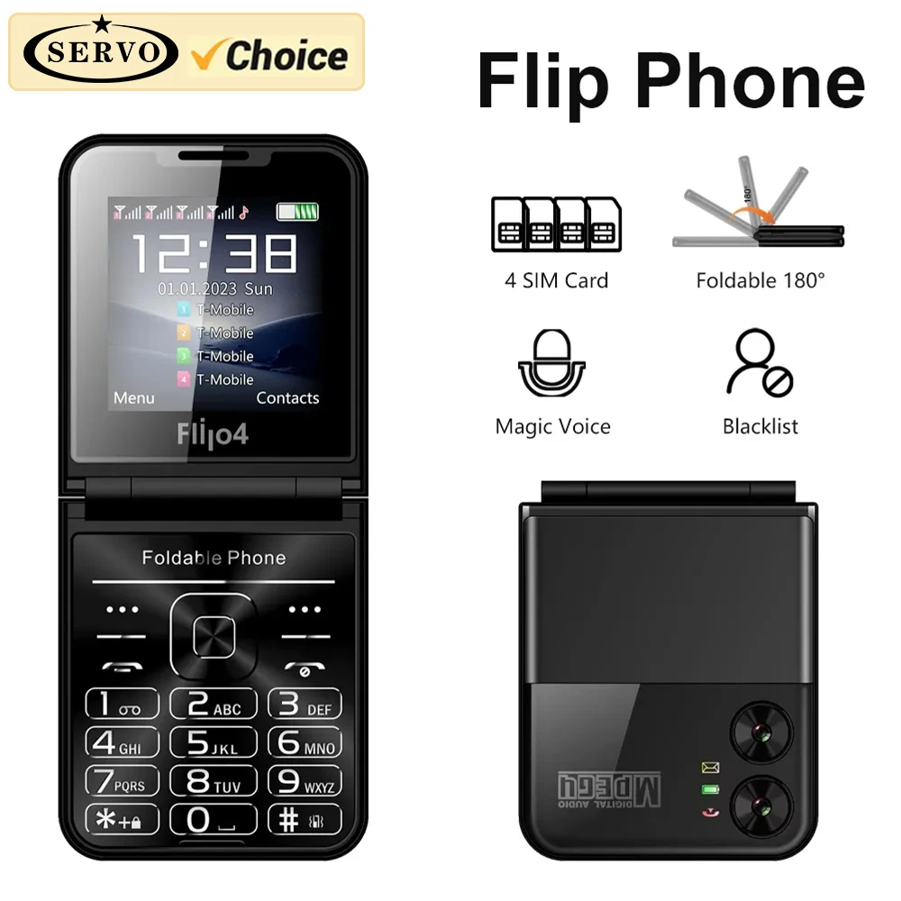 SERVO 4 SIM Karty Flip Mobilný Telefón Magic Voice Nežiaduci Hlas Auto Call Recorder Pochodeň Celulares Odomknutý Skladacia Mobil