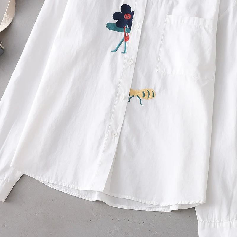 Slnečnica Včely Vyšívané Bielymi Dlho puzdre Tričko Ženy Oblečenie Pocket Ženy Zobraziť Tenké Blúzky Alebo Topy Pre Ženy U291