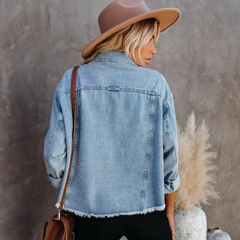 Street hippie dámske džínsové bundy 2022 jeseň nové voľné kovanie dlho puzdre umyté surové okraja krátka bunda veľkosť