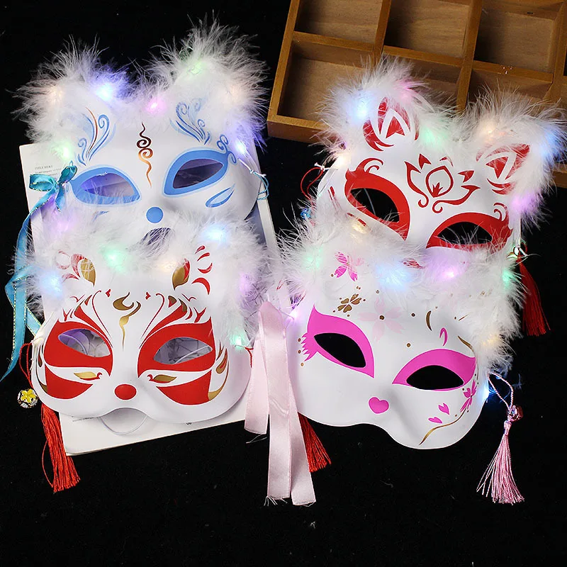 Svietiace Led Fox Maska Japonský Cosplay Blikajúce Očná Maska Rave Kostým Anime Polovicu Tváre Mačka Masky Maškaráda Festival Strany Rekvizity