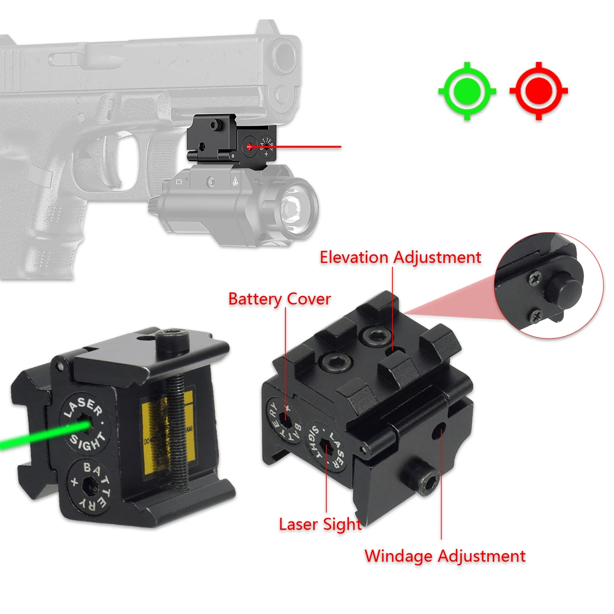 Taktické Pištole Kovové Červená Zelená Bodka Laserový Zameriavač Ukazovateľ Glock 17 19 Býk G2C Prenosné 20 mm Železničnej Mount Zbraň Puška Airsoft
