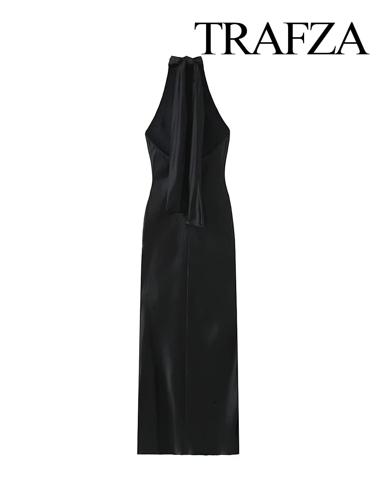 TRAFZA 2024 Ženy Módy Sexy Backless Šaty Čierne plavky s uväzovaním za Kravatu Satin Dlhé Šaty Žena Bodycon Šaty Nové Dámske Luxusné Strany
