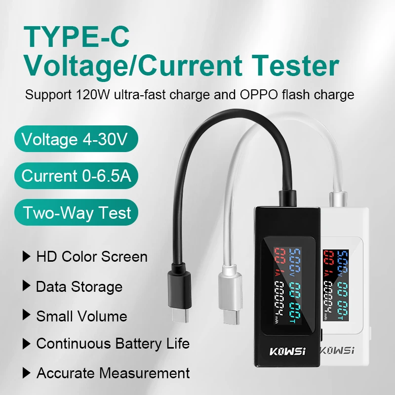Typ-C Napätie/Prúd Tester LCD Ukazovateľ Volt Digitálny Detektor Podporu 120WUltra-Rýchle Nabitie A Monitorovať Účinnosť Nabíjania