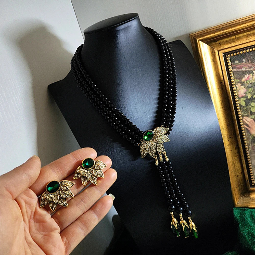 Vintage Temperament Zelená presklené s Čierne Korálky náhrdelníky Náušnice pre ženy, dievčatá, strana darček Šperky veľkoobchod