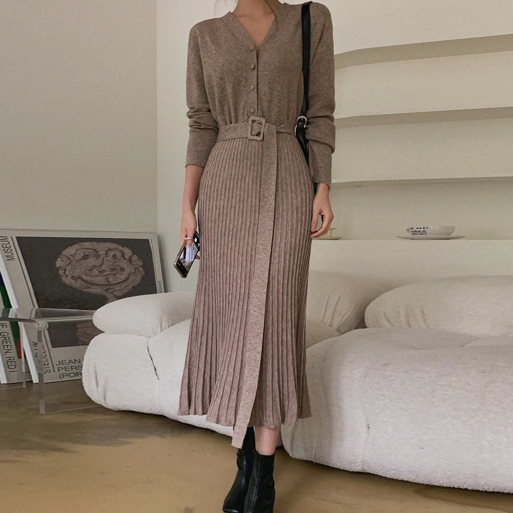 Vysoký Pás Pletené 2022 Elegantné Teplé Kórejský Skladaný Šaty Žena, Nové Hrubé Pevné Zimné Svetre Šaty Žien Bežné Elegantné Vestido