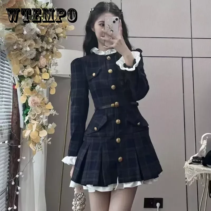 WTEMPO Žien Tweed Skladaný Mini Šaty Jeseň Dlhý Rukáv kórejský Štýl Singel svojim Prehrabať Módne Office Vintage Šaty