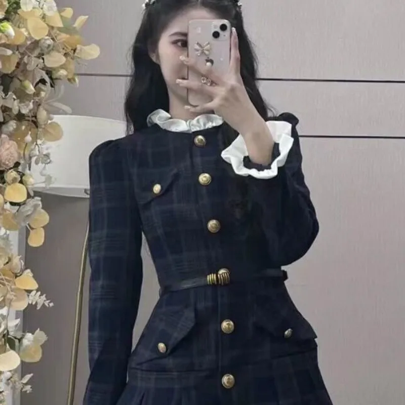 WTEMPO Žien Tweed Skladaný Mini Šaty Jeseň Dlhý Rukáv kórejský Štýl Singel svojim Prehrabať Módne Office Vintage Šaty