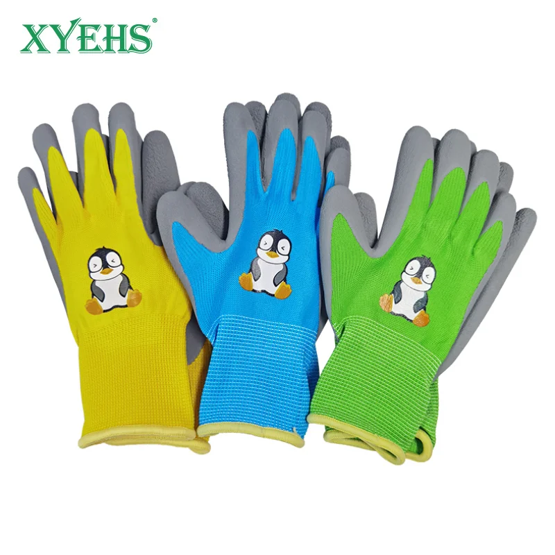 XYEHS 6 Ks/3 Páry 3 Farby Dieťa Deti Bezpečnosti Práce, Záhradnícke Rukavice Latex Pena Potiahnutá 15 Rozchod Polyester Ruky Rukavice