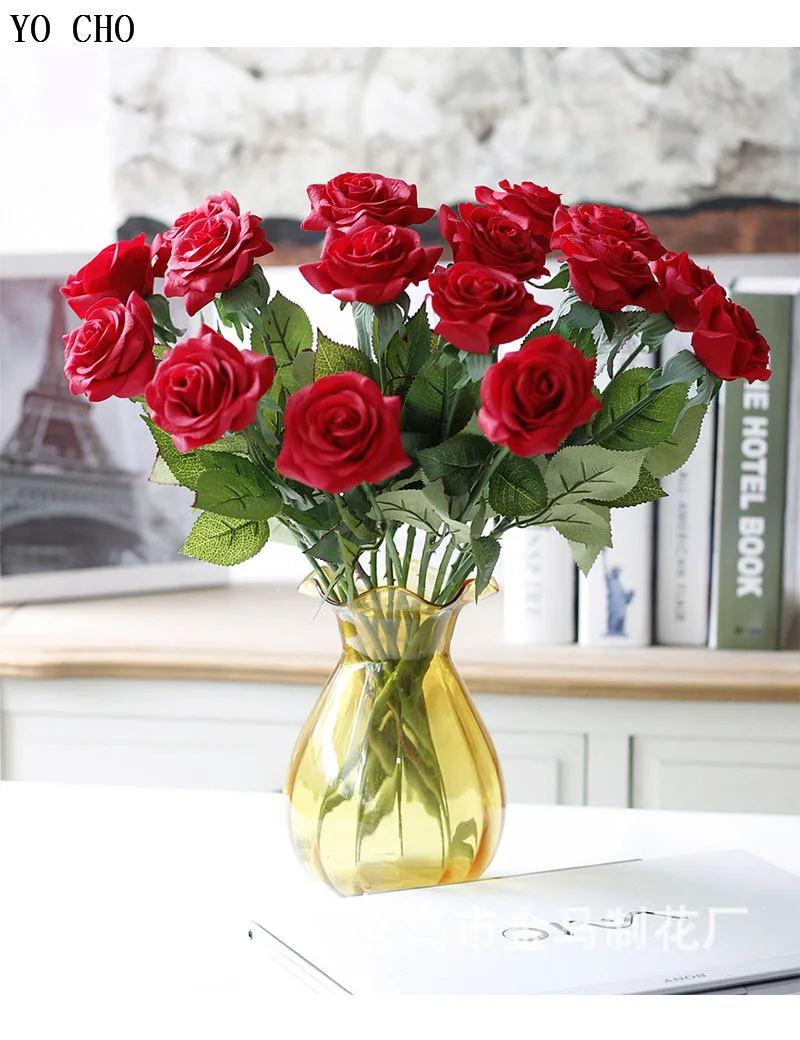 YO CHO Skutočný Dotyk Ruže Aritificial Kvety 1 Jednu Pobočku Hodváb Red Rose Umelé Kvetinová Výzdoba na Svadbu Domova