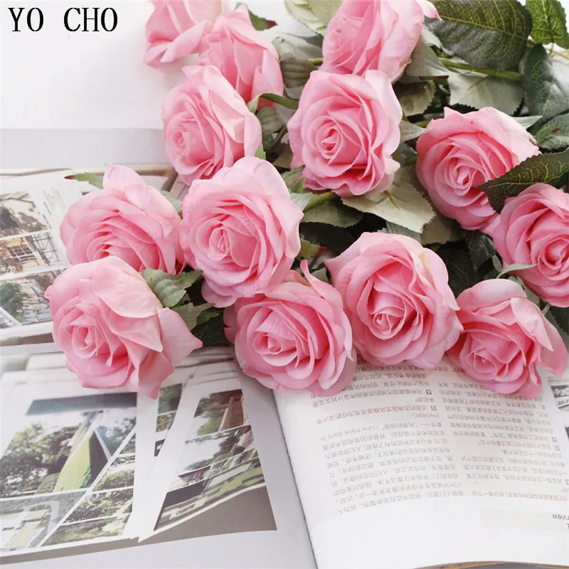 YO CHO Skutočný Dotyk Ruže Aritificial Kvety 1 Jednu Pobočku Hodváb Red Rose Umelé Kvetinová Výzdoba na Svadbu Domova