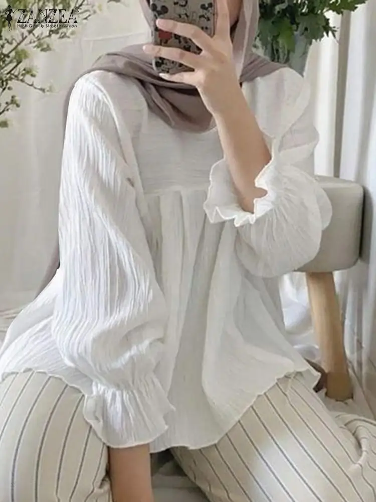 ZANZEA Moslimských Módy Blúzky, Ženy Tričko s Dlhým Rukávom Príčinné Topy Turecko Abaya Islamské Oblečenie Pevné Voľné Hidžáb Blusas Kaftan