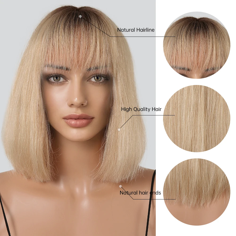 Ľudské Vlasy Bob Parochne Ženy Blondína Svetlo Krátke Platinum Rovno Parochňu Prírodné Remy Ľudské Vlasy s Air Bang s Tmavými Korene Žena
