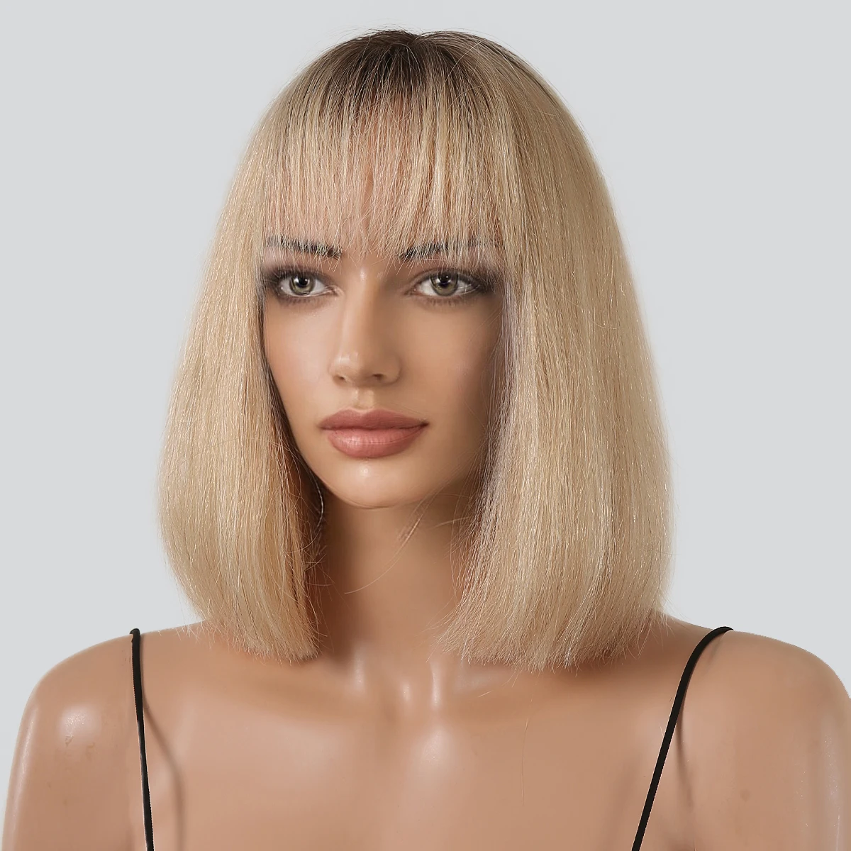 Ľudské Vlasy Bob Parochne Ženy Blondína Svetlo Krátke Platinum Rovno Parochňu Prírodné Remy Ľudské Vlasy s Air Bang s Tmavými Korene Žena