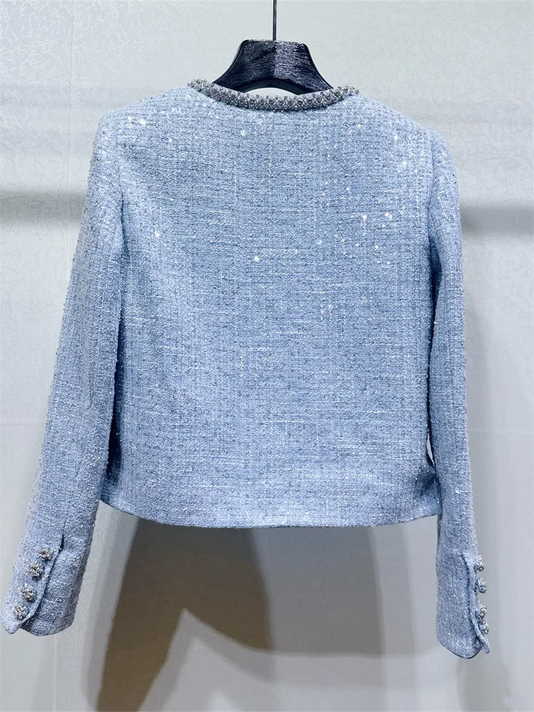 Ženy Modrá Tweed Nastaviť Diamond Tlačidlá Sequin O-Krku Dámy Kabát alebo Vysoký Pás A-Line Mini Sukne