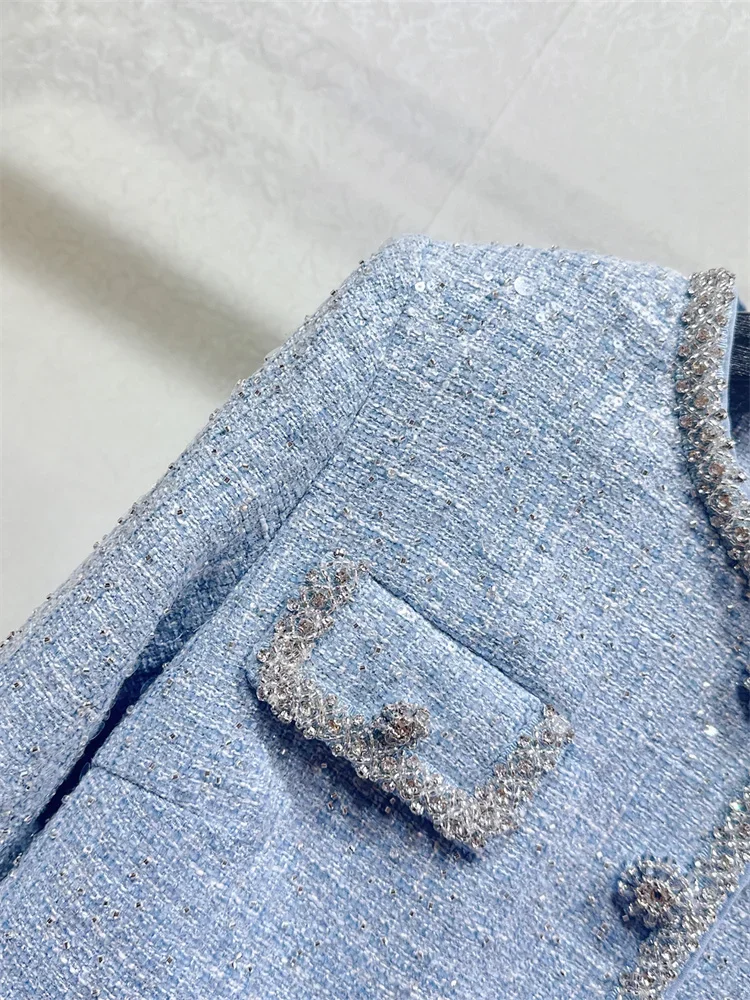 Ženy Modrá Tweed Nastaviť Diamond Tlačidlá Sequin O-Krku Dámy Kabát alebo Vysoký Pás A-Line Mini Sukne